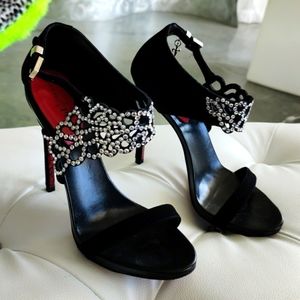 Cesare Pactotti black rhinestone strappy heels